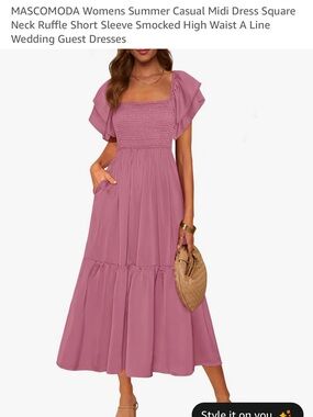 Pink Smocked Square-Neck Midi Dress with Flutter Sleeves